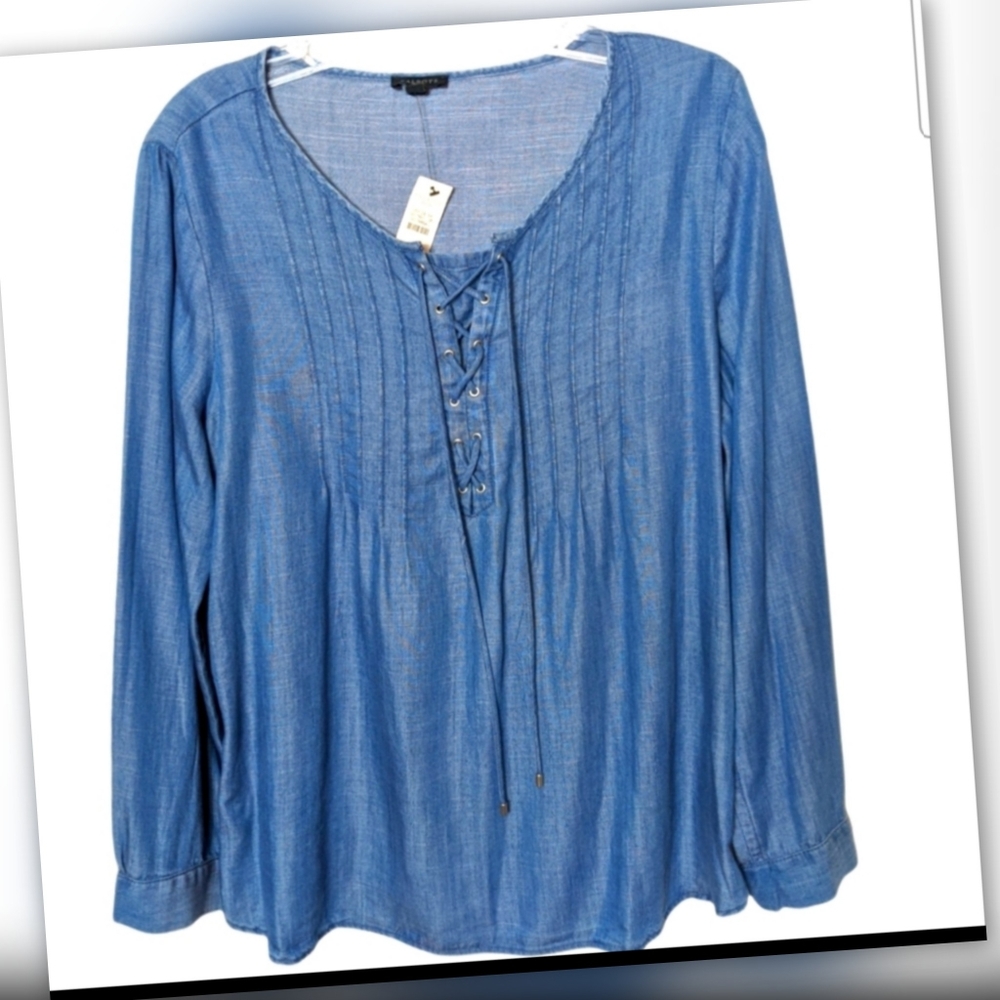 NWT LP TALBOTS Blue Chambray Lace Up Tie Peasant Top Denim Look Petite Large NEW